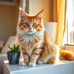 A charming, fluffy house cat sitting gracefully on a sunny windowsill