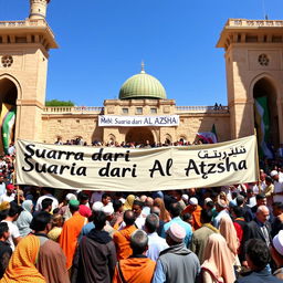 A vibrant scene depicting a large crowd of people gathered, expressing unity and harmony, with banners that read "Suara dari Al Aqsha" prominently displayed