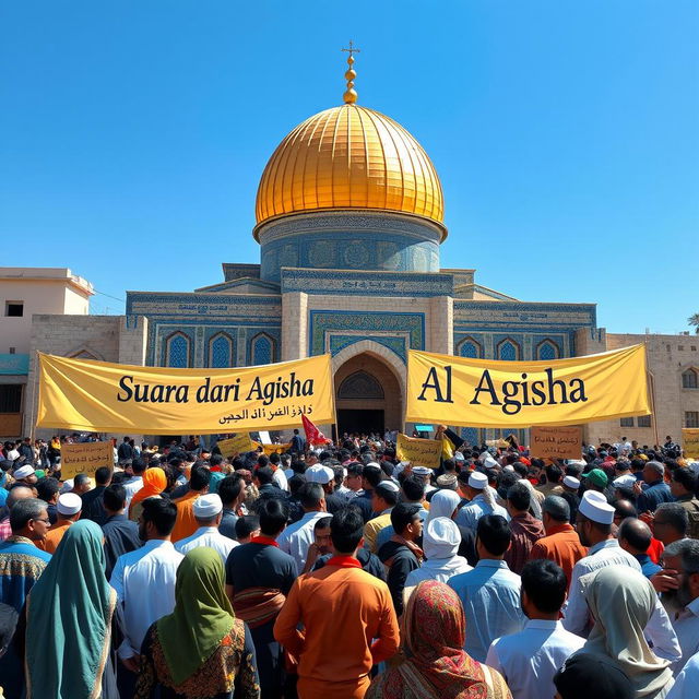 A vibrant scene depicting a large crowd of people gathered, expressing unity and harmony, with banners that read "Suara dari Al Aqsha" prominently displayed