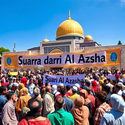 A vibrant scene depicting a large crowd of people gathered, expressing unity and harmony, with banners that read "Suara dari Al Aqsha" prominently displayed