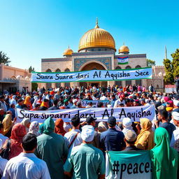 A vibrant scene depicting a large crowd of people gathered, expressing unity and harmony, with banners that read "Suara dari Al Aqsha" prominently displayed