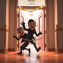 A humorous 3D animated scene featuring two thieves wearing masks as they comically fall to the ground from a rope that blocks their entrance while trying to enter through the school door inside a modern school