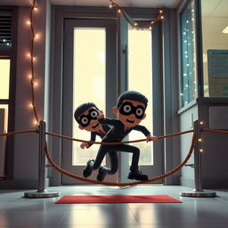 A humorous 3D animated scene featuring two thieves wearing masks as they comically fall to the ground from a rope that blocks their entrance while trying to enter through the school door inside a modern school