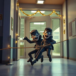 A humorous 3D animated scene featuring two thieves wearing masks as they comically fall to the ground from a rope that blocks their entrance while trying to enter through the school door inside a modern school