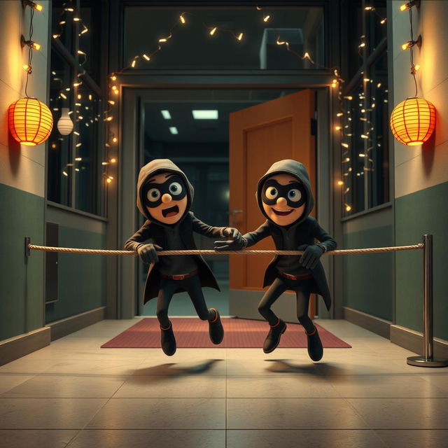 A humorous 3D animated scene featuring two thieves wearing masks as they comically fall to the ground from a rope that blocks their entrance while trying to enter through the school door inside a modern school