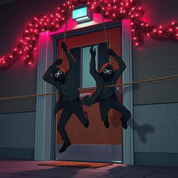 Two masked male thieves falling to the ground from a rope after being thwarted by a rope that blocks their entry at a modern school door
