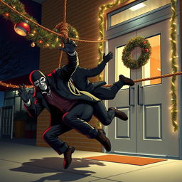 Two masked male thieves falling to the ground from a rope after being thwarted by a rope that blocks their entry at a modern school door