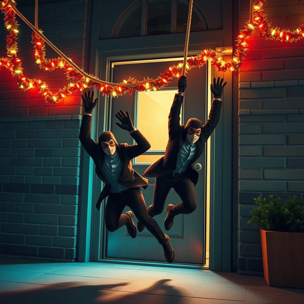 Two masked male thieves falling to the ground from a rope after being thwarted by a rope that blocks their entry at a modern school door