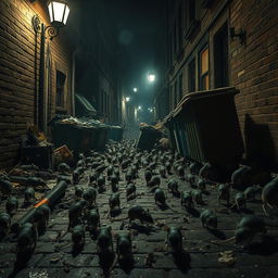 A dramatic scene depicting streets overrun by a massive swarm of rats, creating a sense of chaos and urgency