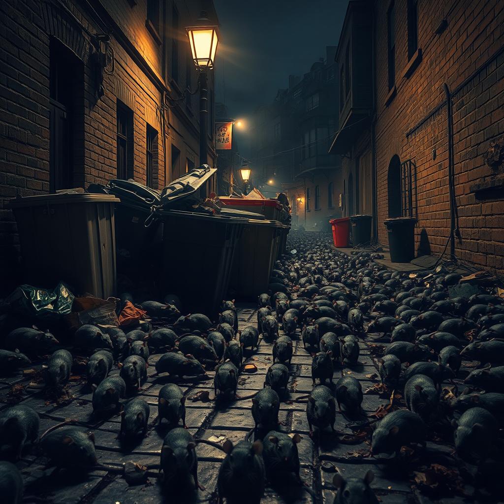 A dramatic scene depicting streets overrun by a massive swarm of rats, creating a sense of chaos and urgency