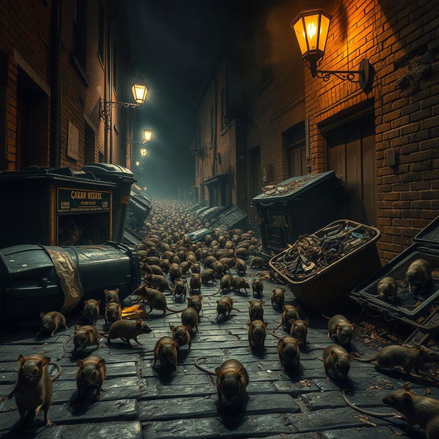 A dramatic scene depicting streets overrun by a massive swarm of rats, creating a sense of chaos and urgency