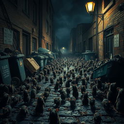 A dramatic scene depicting streets overrun by a massive swarm of rats, creating a sense of chaos and urgency