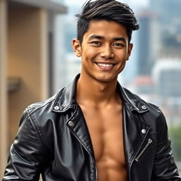A handsome Indonesian high school boy with a muscular build, exuding confidence while wearing a stylish leather jacket