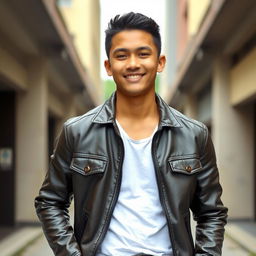 A handsome Indonesian high school boy with a muscular build, exuding confidence while wearing a stylish leather jacket