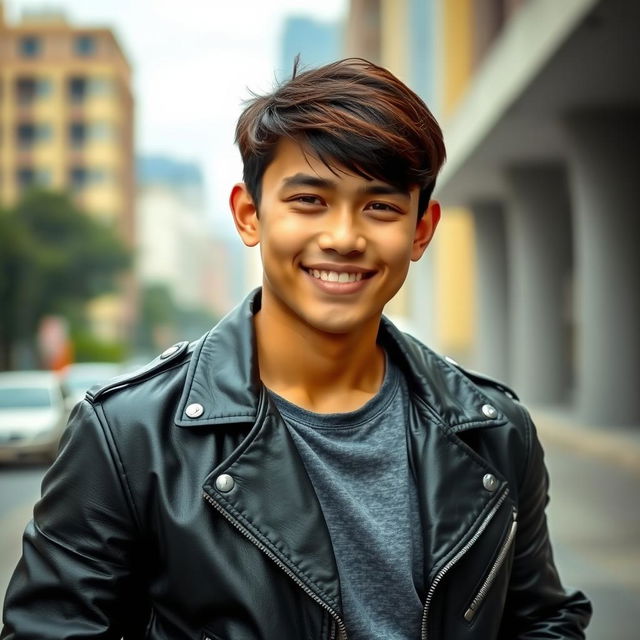 A handsome Indonesian high school boy with a muscular build, exuding confidence while wearing a stylish leather jacket