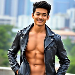 A handsome Indonesian high school boy with a muscular build, exuding confidence while wearing a stylish leather jacket