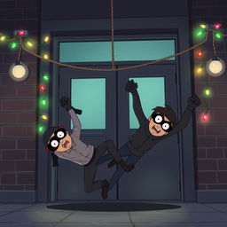 Two masked male thieves falling to the ground from a rope after being stopped by a rope that blocks their entrance at a large door with glass panels