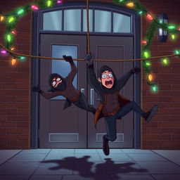 Two masked male thieves falling to the ground from a rope after being stopped by a rope that blocks their entrance at a large door with glass panels