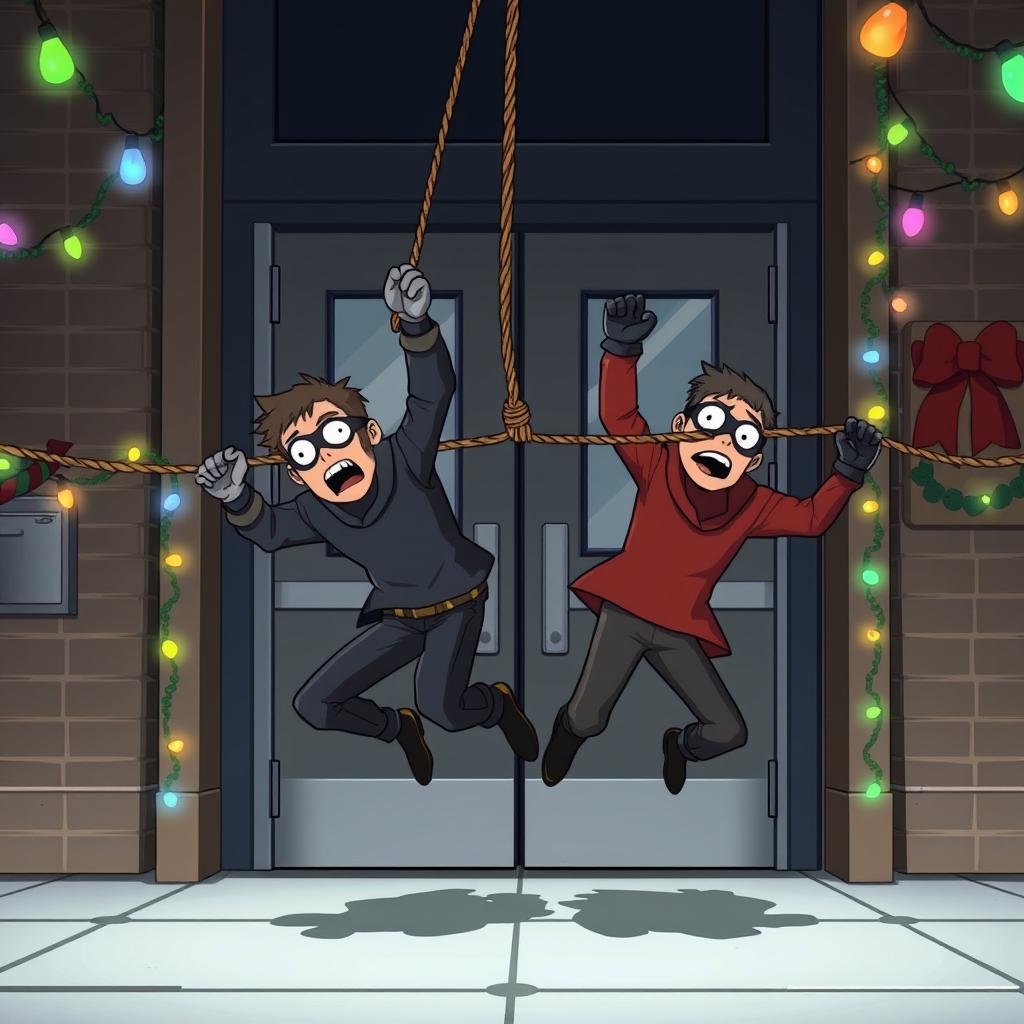 Two masked male thieves falling to the ground from a rope after being stopped by a rope that blocks their entrance at a large door with glass panels