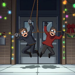 Two masked male thieves falling to the ground from a rope after being stopped by a rope that blocks their entrance at a large door with glass panels