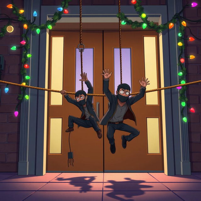 Two masked male thieves falling to the ground from a rope after being stopped by a rope that blocks their entrance at a large door with glass panels