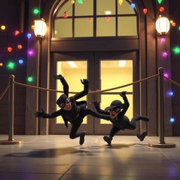 Two masked male thieves falling to the ground after being stopped by a rope that blocks their attempt to enter a large glass-paneled door