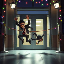 Two masked male thieves falling to the ground after being stopped by a rope that blocks their attempt to enter a large glass-paneled door
