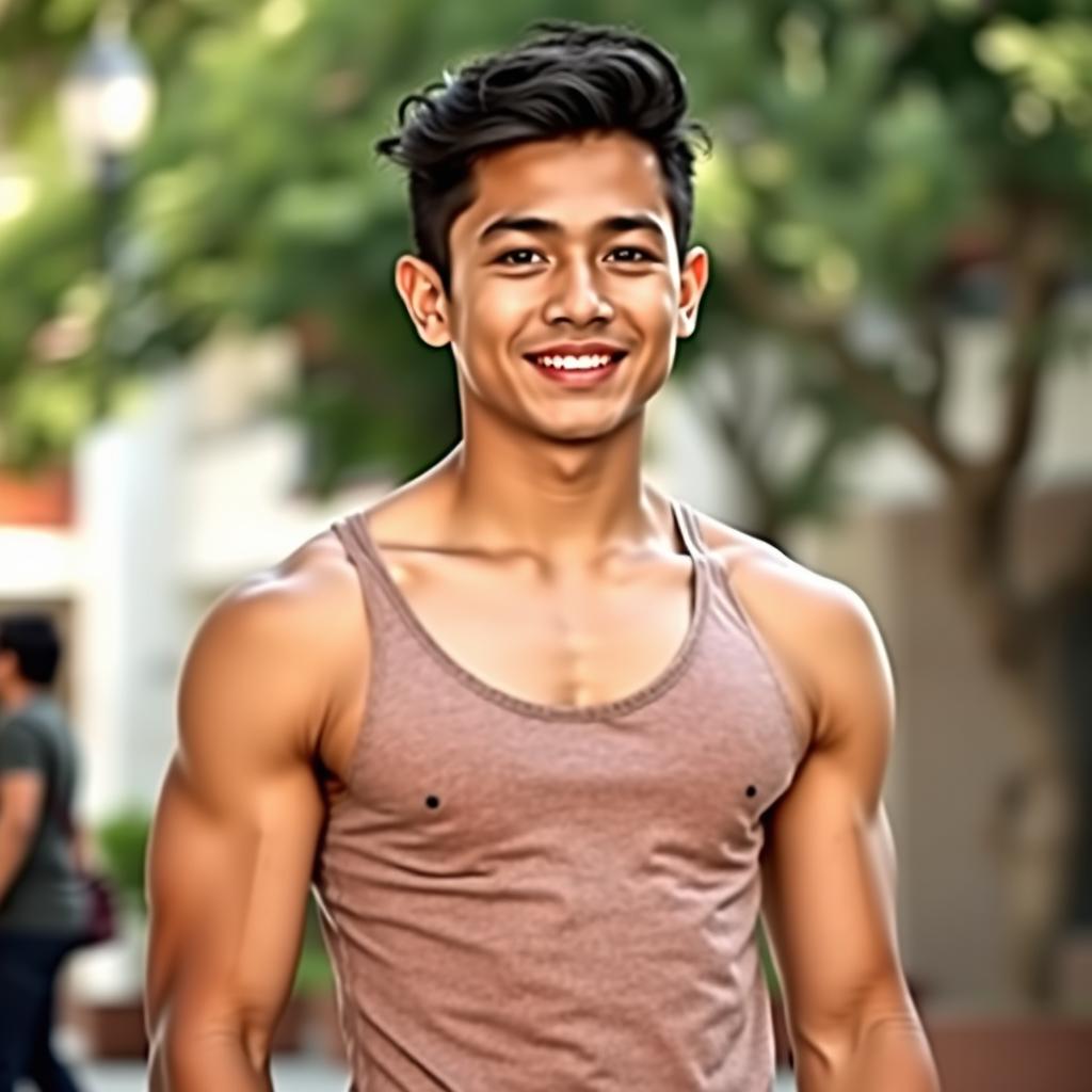 A handsome Indonesian high school boy with a muscular and athletic build, showcasing his toned physique