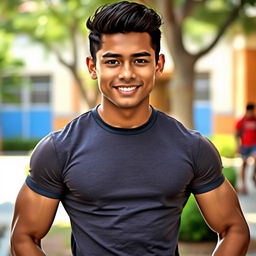 A handsome Indonesian high school boy with a muscular and athletic build, showcasing his toned physique