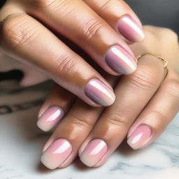 An image showcasing a close-up view of hands with short almond-shaped nails