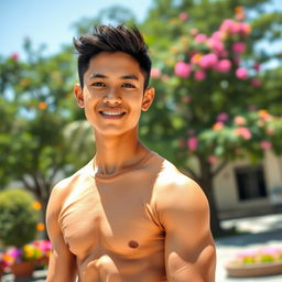 A handsome Indonesian high school boy with a muscular and athletic body, showing off his toned physique