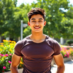 A handsome Indonesian high school boy with a muscular and athletic body, showing off his toned physique
