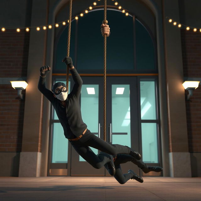 Two realistic-looking masked male thieves falling to the ground from a rope that stops them just before reaching a large glass-paneled door