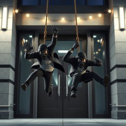 Two realistic-looking masked male thieves falling to the ground from a rope that stops them just before reaching a large glass-paneled door