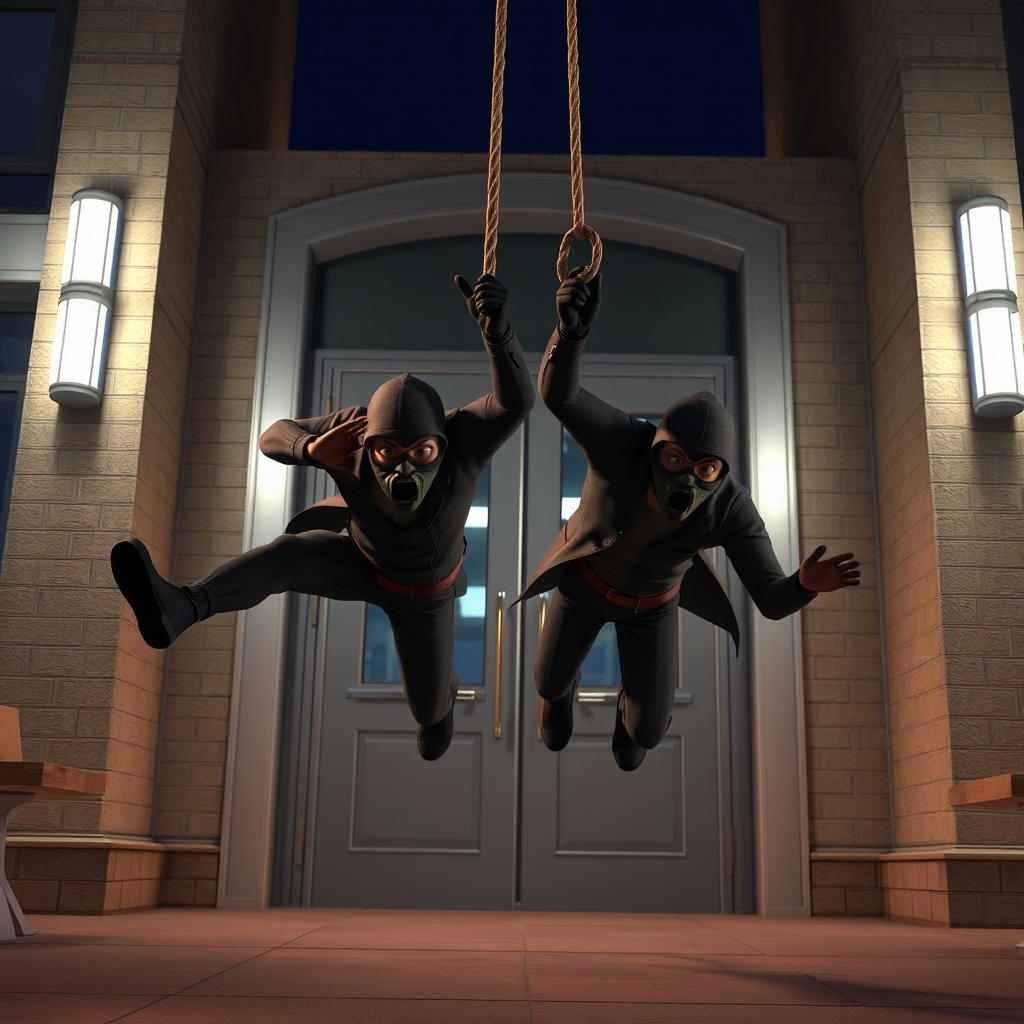 Two realistic-looking masked male thieves falling to the ground from a rope that stops them just before reaching a large glass-paneled door