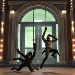 Two realistic-looking masked male thieves falling to the ground from a rope that stops them just before reaching a large glass-paneled door