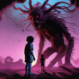 A high-quality, digital art image inspired by the TV show 'Stranger Things', focusing on the character Vecna and the creature Demogorgon