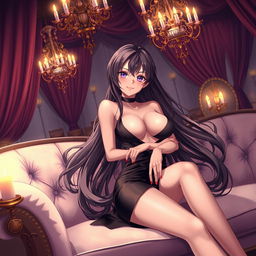 An anime-style illustration featuring a sultry female character lounging on a luxurious sofa in an opulent setting