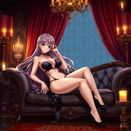 An anime-style illustration featuring a sultry female character lounging on a luxurious sofa in an opulent setting