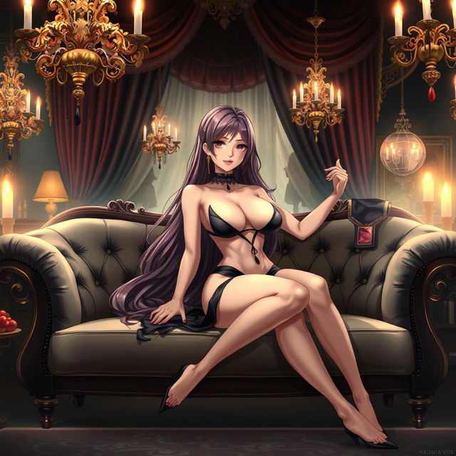 An anime-style illustration featuring a sultry female character lounging on a luxurious sofa in an opulent setting