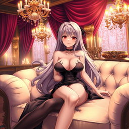 An anime-style illustration featuring a sultry female character lounging on a luxurious sofa in an opulent setting