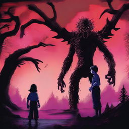 A high-quality, digital art image inspired by the TV show 'Stranger Things', focusing on the character Vecna and the creature Demogorgon