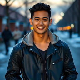 A handsome Indonesian high school boy with a muscular build, dressed in a stylish leather jacket that fits him perfectly