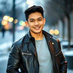 A handsome Indonesian high school boy with a muscular build, dressed in a stylish leather jacket that fits him perfectly