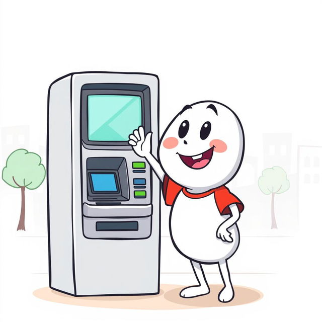 A whimsical cartoon character, depicted in a vector style, with a white body and a cheerful expression, standing in front of an ATM machine