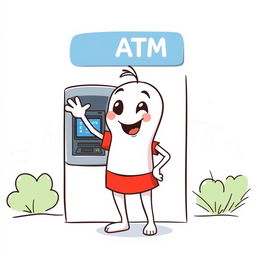 A whimsical cartoon character, depicted in a vector style, with a white body and a cheerful expression, standing in front of an ATM machine