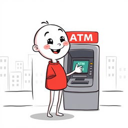 A whimsical cartoon character, depicted in a vector style, with a white body and a cheerful expression, standing in front of an ATM machine