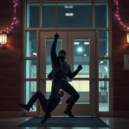 Two realistic-looking masked male thieves falling to the ground from a rope that has just dropped, blocking their attempt to enter through a large glass-paneled door