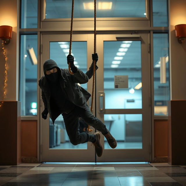 Two realistic-looking masked male thieves falling to the ground from a rope that has just dropped, blocking their attempt to enter through a large glass-paneled door