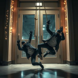 Two realistic-looking masked male thieves falling to the ground from a rope that has just dropped, blocking their attempt to enter through a large glass-paneled door